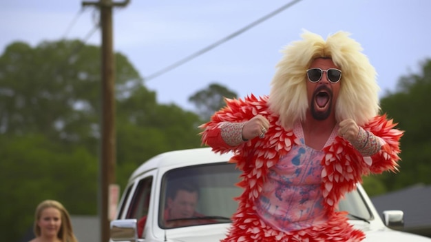 Photo man screaming and driving car with carefree woman in chicken costume dancing on roof