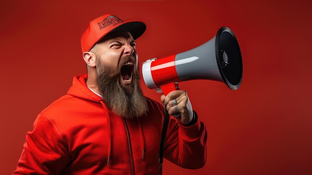 Man screaming into a loudspeaker isolated on red background