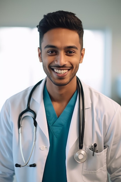 A man in scrubs smiles at the camera in a dark room