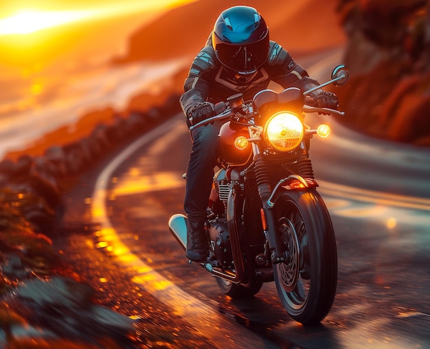 Man seat on the motorcycle on the mountain road