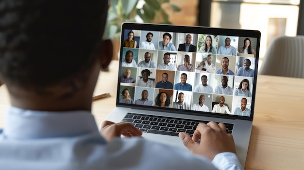 Photo a man seen from behind working on a laptop during a large virtual meeting displaying numerous participants faces on the screen representing remote work engagement