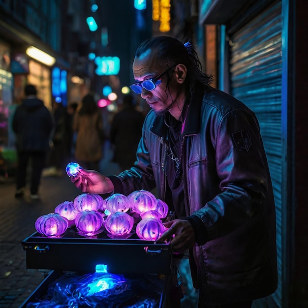 a man selling purple bulbs on a street with a purple light