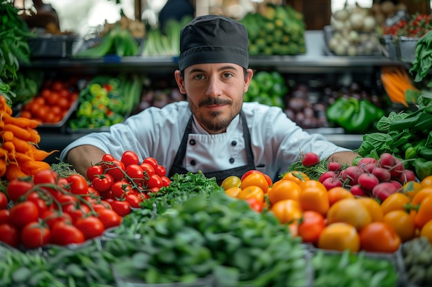 man selling vegetables in a grocery store