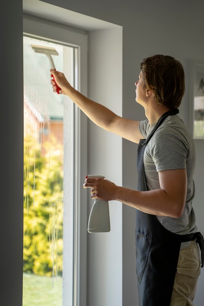 Man servant cleaning the house