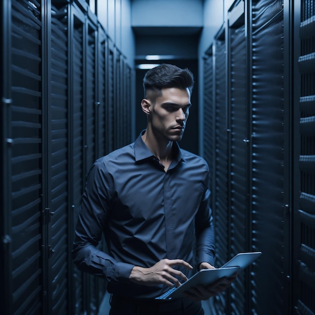 A man in a server room with a tablet in his hand.