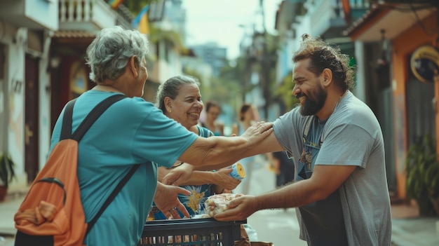 Photo a man serving food to a woman in a street