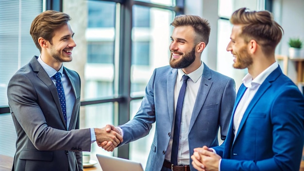 Photo a man shaking hands with another man in a suit and the word quot on the top of it