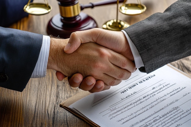 a man shaking hands with a document that says the word the seal on it