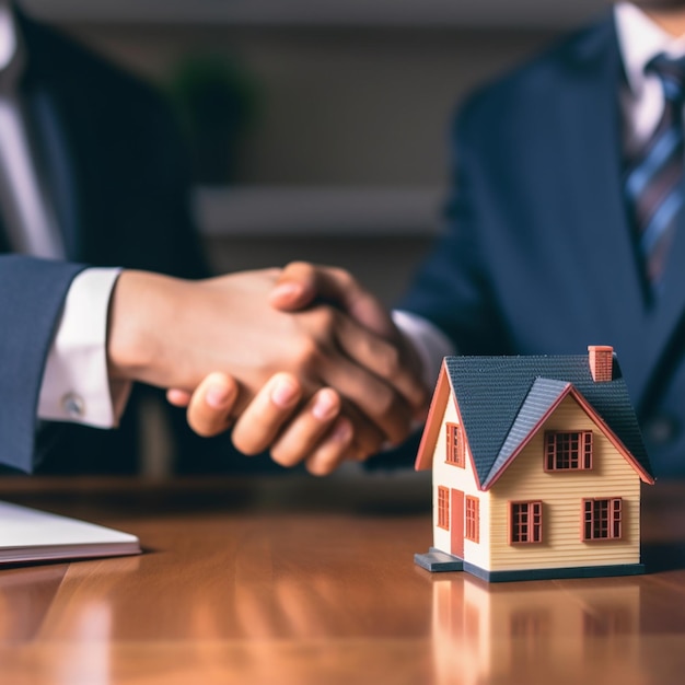 a man shaking hands with a house and a hand shaking another man.