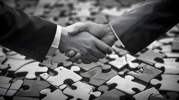 Photo a man shaking hands with a puzzle that says  hands  on top