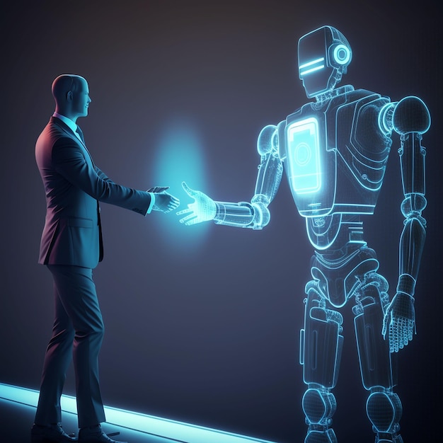 A man shaking hands with a robot in the background.