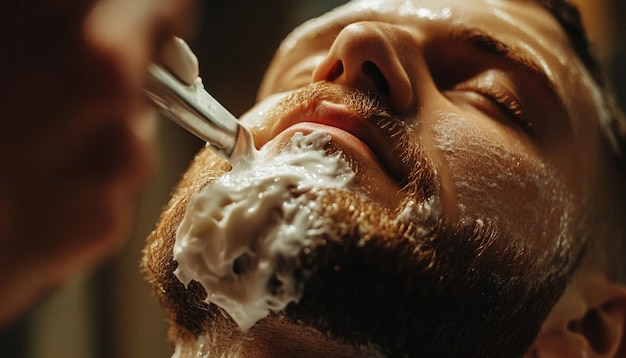 Photo a man shaving his face with a brush