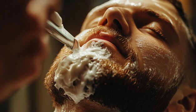 Photo a man shaving his face with a brush