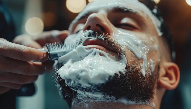 Photo a man shaving his face with a shaving brush