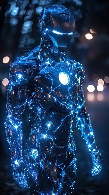 Photo a man in a shiny suit stands in front of a dark background