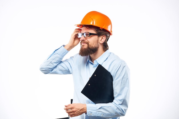 Man in shirt orange helmet emotions work official