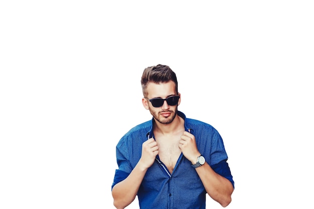 Man in shirt and stylish sunglasses on white background