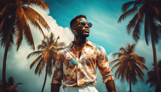 man in a shirt and sunglasses standing next to the palm trees in the style of color splash