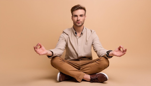 Photo a man in a shirt with the words quot hands in the air quot on a tan background