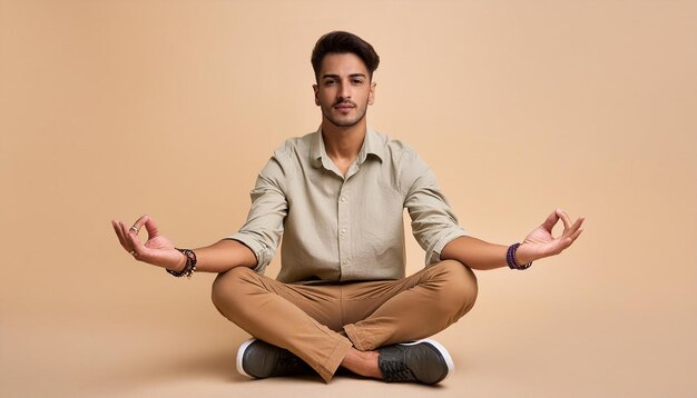 Photo a man in a shirt with the words quot hands in the air quot on a tan background