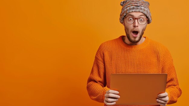 Photo man shocked holding tablet