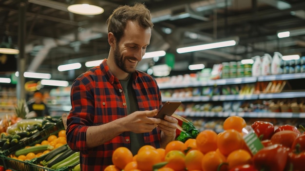 Photo a man shopping at supermarket