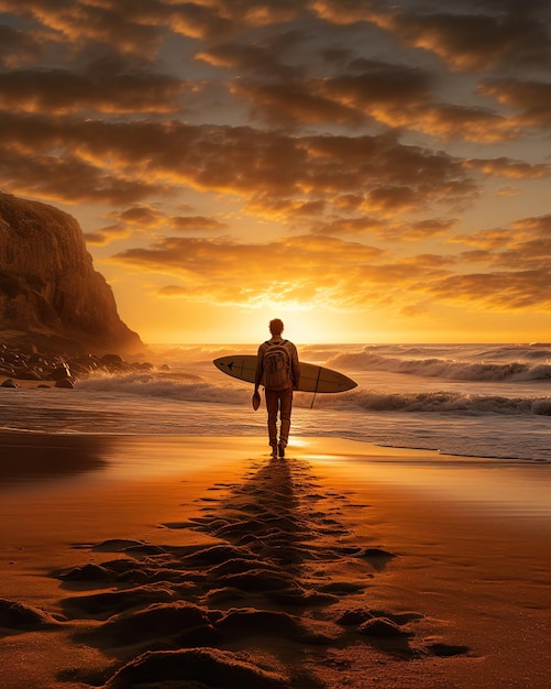 A man in shorts with a surfboard Happy guy on the beach in a swimsuit surfing