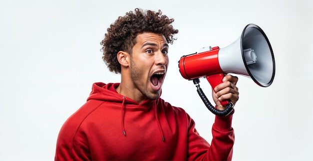 Photo a man shouting into a megaphone with an open mouth