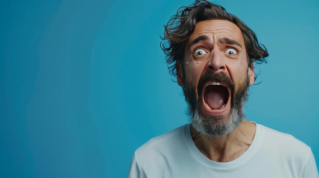 A man shouting loudly on isolated blue background