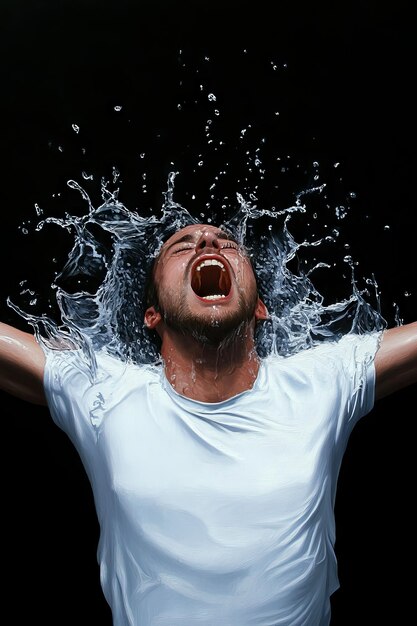 Photo man shouting with water splashing on his head capturing an intense moment of emotion and water dynamics against a dark background