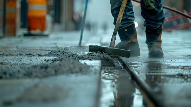 a man shovels dirt on a wet sidewalk with a shovel