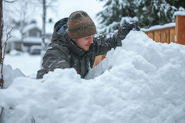 Photo man shovels heavy snow from his driveway during a winter storm in a suburban neighborhood