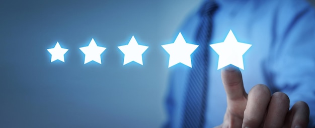 Man showing 5 star Service rating Satisfaction