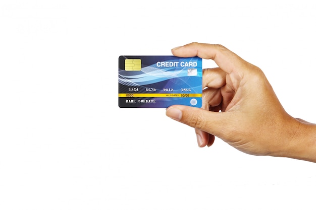 A man showing credit card isolate on white 