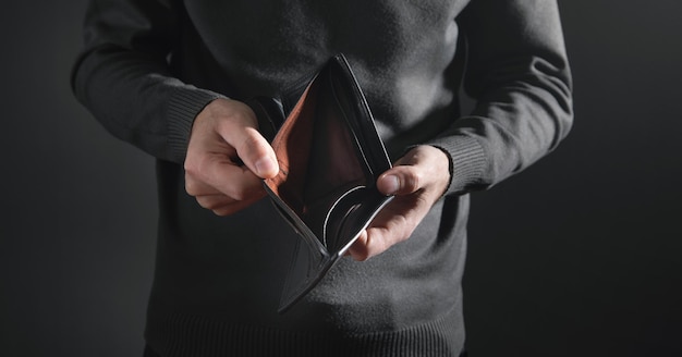 Man showing empty wallet. Bankruptcy