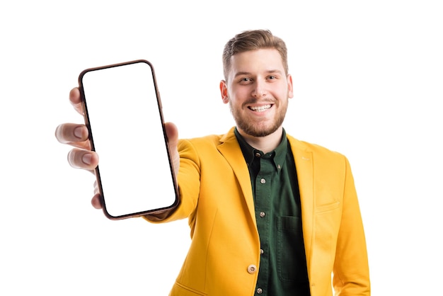 Man showing smartphone with empty screen