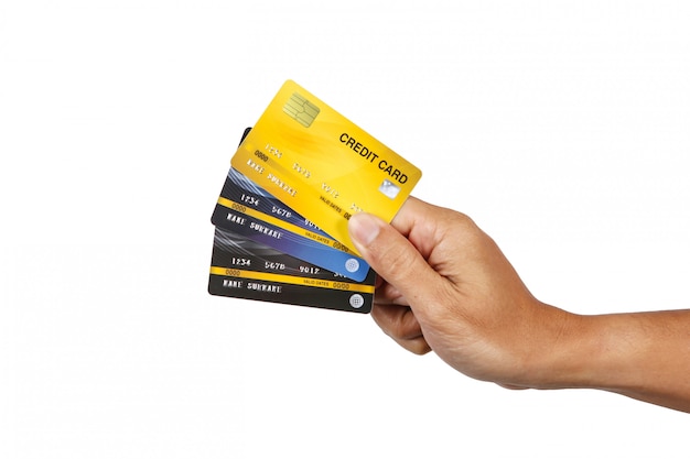 A man showing three credit cards isolate on white 