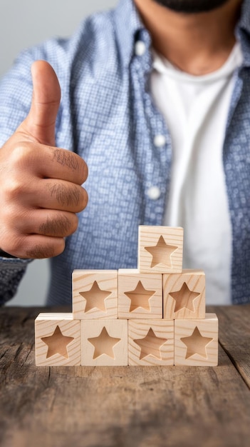 Photo the man shows thumbs up that is an evaluation on the table most wood blocks and stars are excellent