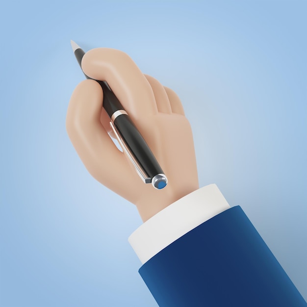 A man signs a document an agreement Signing a contract Hand holding a pen 3D illustration in cartoon style