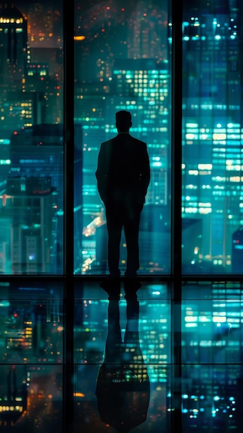 Man in Silhouette Admires City Lights A man stands in silhouette by a window overlooking a city skyline illuminated by glowing lights in the night