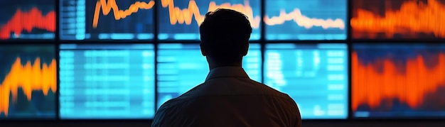 Photo man in silhouette looking at stock market data on monitors photo