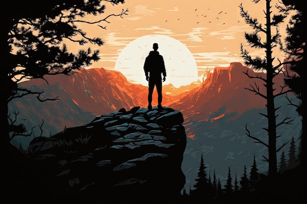 Man silhouette rock peak the view sun Generative AI