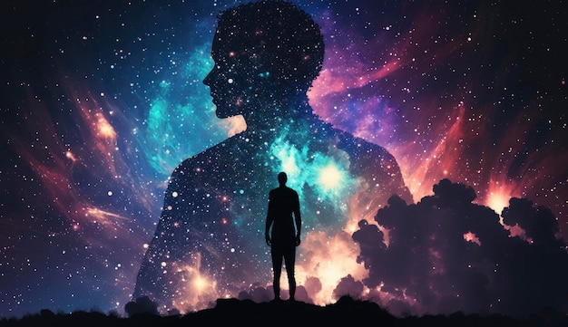 Man silhouette standing on futuristic planet surface and looking on cosmic landscape with nebula and galaxy Generated with Generative AI