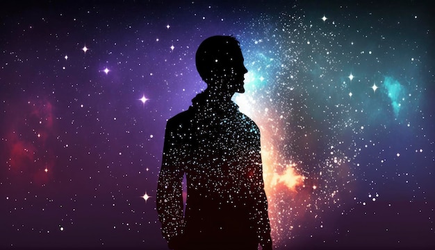 Man silhouette standing on futuristic planet surface and looking on cosmic landscape with nebula and galaxy Generated with Generative AI