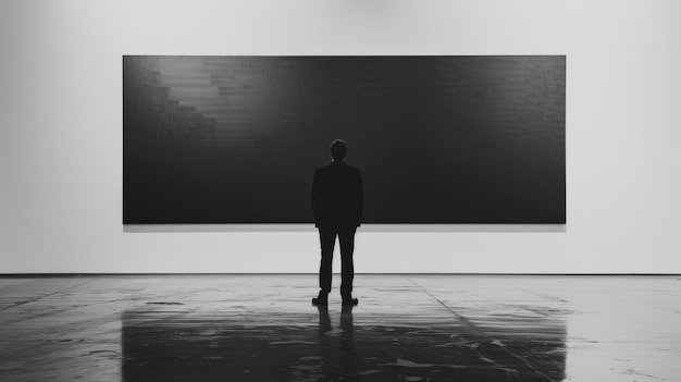 Photo a man in silhouette stands thoughtfully in front of a large dark abstract painting in an art gallery