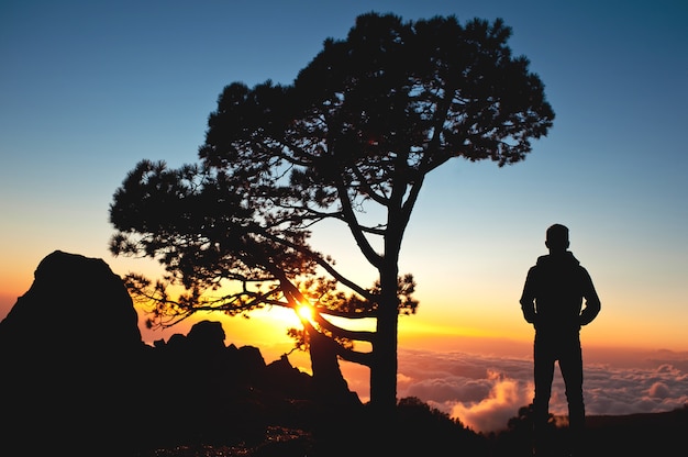 Man silhouette with hands in pockets watching the sunset