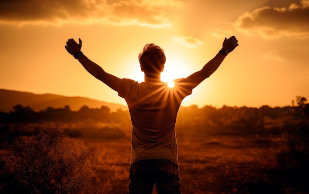 Man silhouette with open arms against sunset