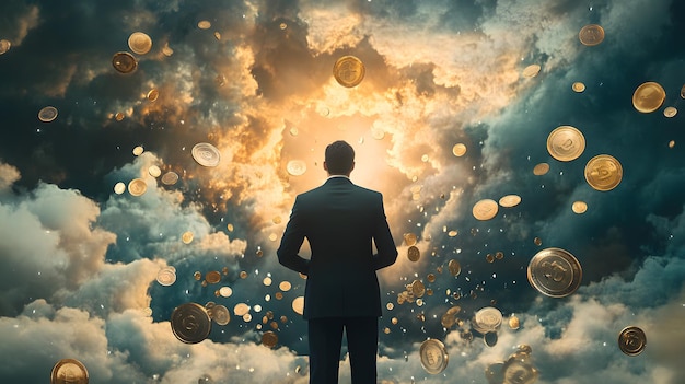 Man Silhouetted Against a Cloudy Sky with Falling Gold Coins