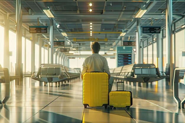 A man sits in an airport with a yellow suitcase