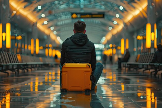 A man sits in an airport with a yellow suitcase